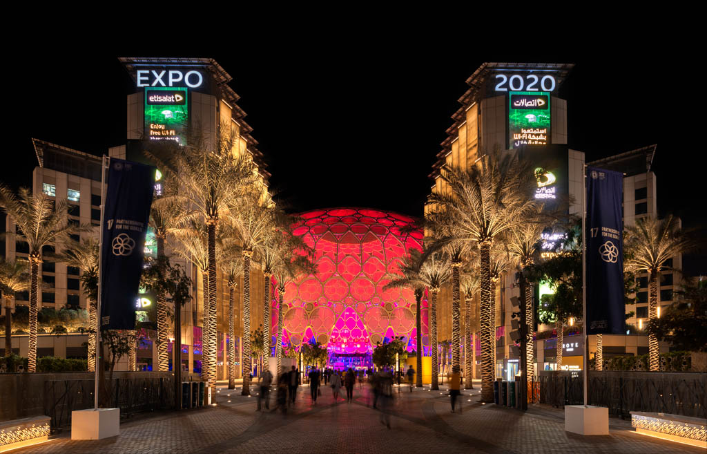 As seen from Al Wasl Avenue, Al Wasl Dome lights up red at night